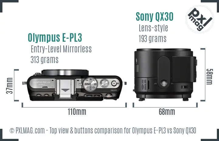 Olympus E-PL3 vs Sony QX30 top view buttons comparison