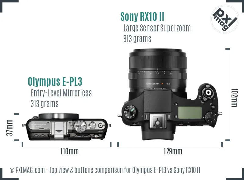 Olympus E-PL3 vs Sony RX10 II top view buttons comparison