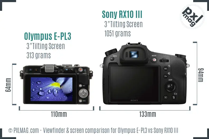 Olympus E-PL3 vs Sony RX10 III Screen and Viewfinder comparison