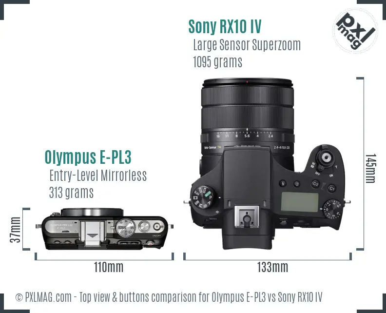 Olympus E-PL3 vs Sony RX10 IV top view buttons comparison