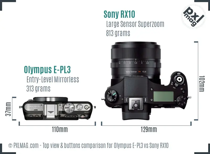 Olympus E-PL3 vs Sony RX10 top view buttons comparison