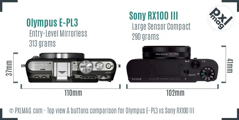 Olympus E-PL3 vs Sony RX100 III top view buttons comparison