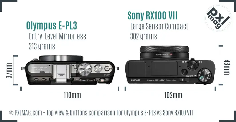 Olympus E-PL3 vs Sony RX100 VII top view buttons comparison Olympus E-PL3 vs Sony RX100 VII top view buttons comparison