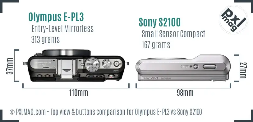 Olympus E-PL3 vs Sony S2100 top view buttons comparison Olympus E-PL3 vs Sony S2100 top view buttons comparison