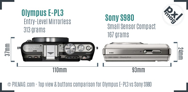 Olympus E-PL3 vs Sony S980 top view buttons comparison
