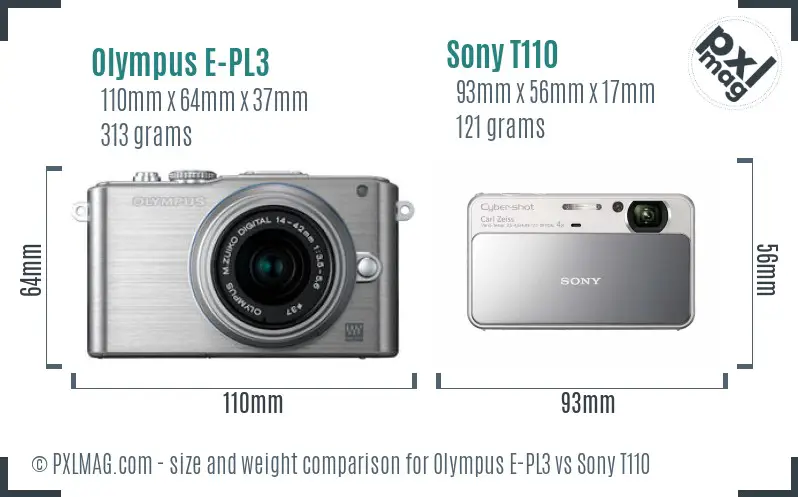 Olympus E-PL3 vs Sony T110 size comparison