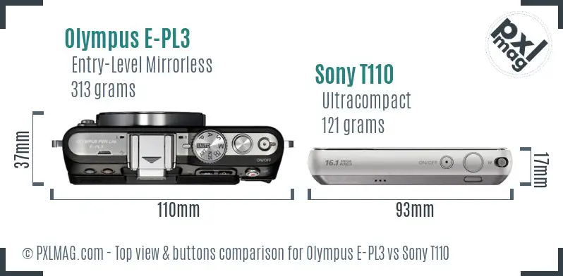 Olympus E-PL3 vs Sony T110 top view buttons comparison