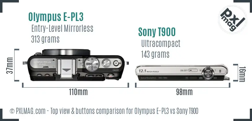 Olympus E-PL3 vs Sony T900 top view buttons comparison Olympus E-PL3 vs Sony T900 top view buttons comparison