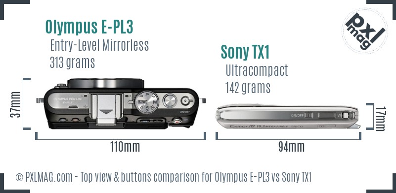 Olympus E-PL3 vs Sony TX1 top view buttons comparison