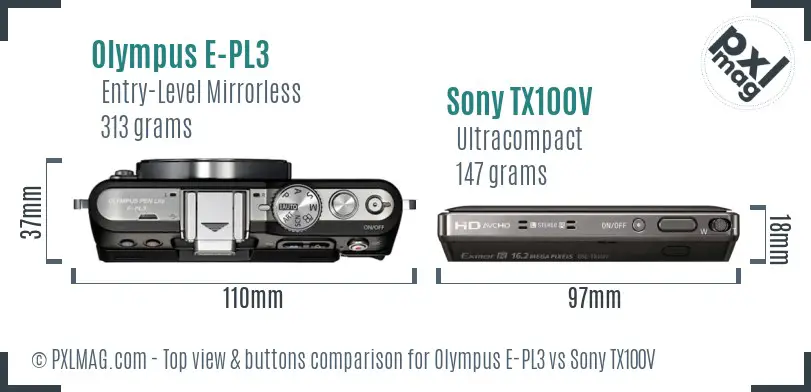 Olympus E-PL3 vs Sony TX100V top view buttons comparison