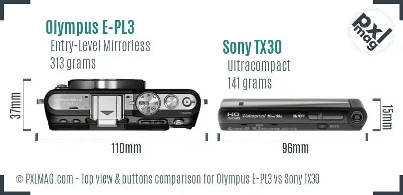 Olympus E-PL3 vs Sony TX30 top view buttons comparison