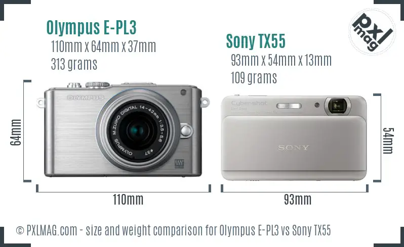 Olympus E-PL3 vs Sony TX55 size comparison