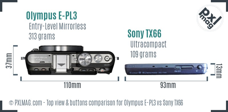 Olympus E-PL3 vs Sony TX66 top view buttons comparison
