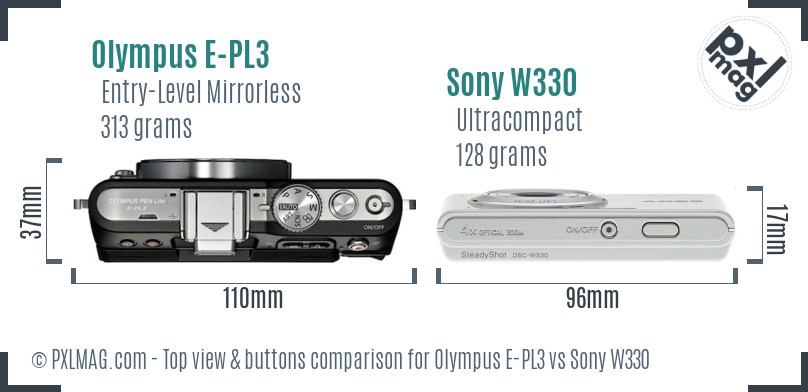 Olympus E-PL3 vs Sony W330 top view buttons comparison