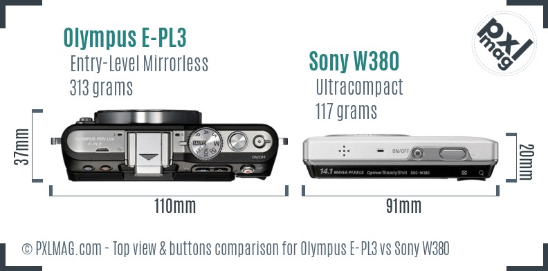 Olympus E-PL3 vs Sony W380 top view buttons comparison