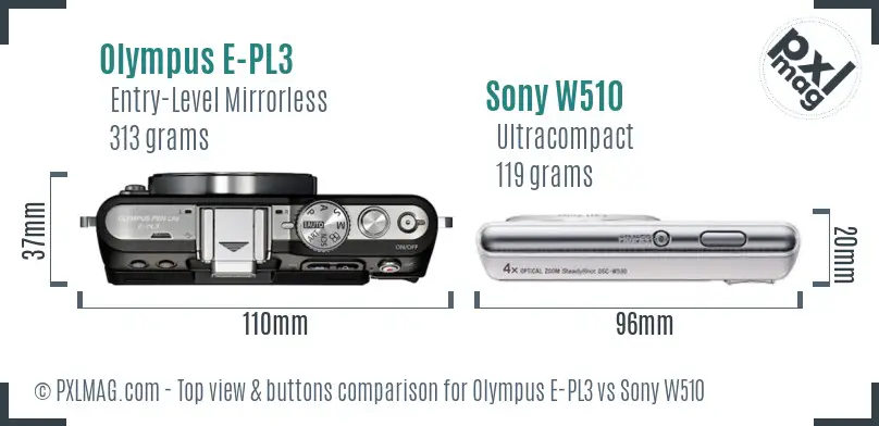 Olympus E-PL3 vs Sony W510 top view buttons comparison Olympus E-PL3 vs Sony W510 top view buttons comparison