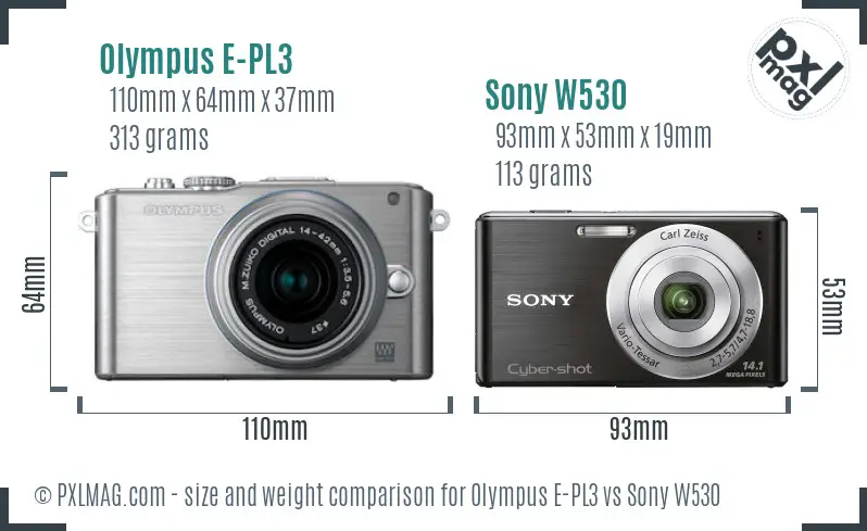 Olympus E-PL3 vs Sony W530 size comparison