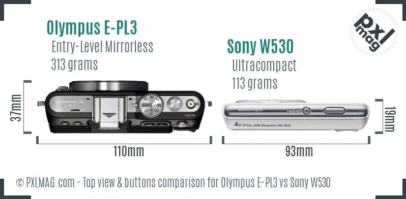 Olympus E-PL3 vs Sony W530 top view buttons comparison