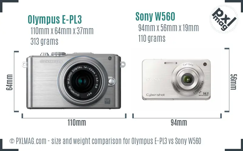 Olympus E-PL3 vs Sony W560 size comparison