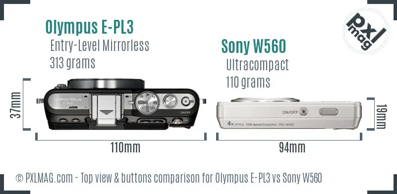 Olympus E-PL3 vs Sony W560 top view buttons comparison