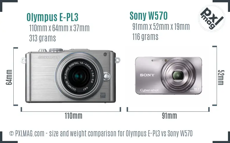 Olympus E-PL3 vs Sony W570 size comparison