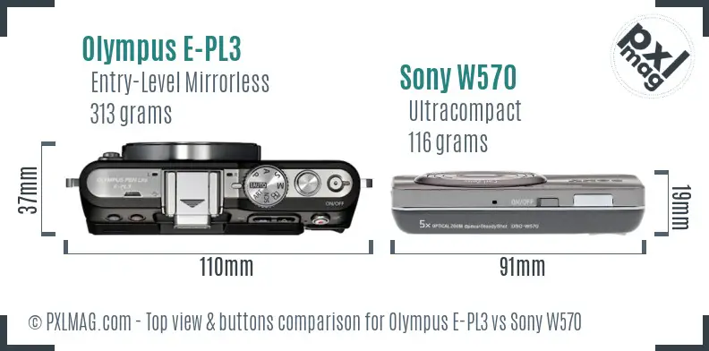 Olympus E-PL3 vs Sony W570 top view buttons comparison