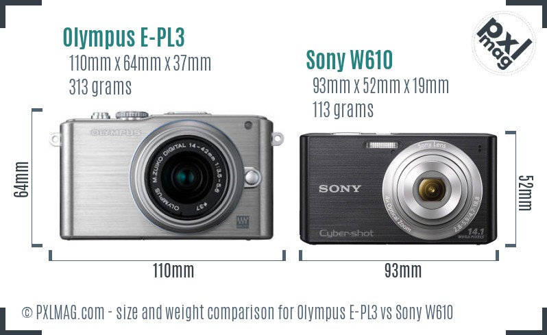Olympus E-PL3 vs Sony W610 size comparison
