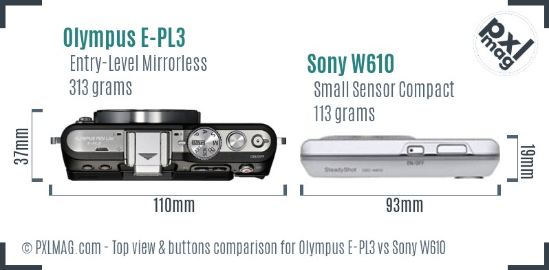 Olympus E-PL3 vs Sony W610 top view buttons comparison