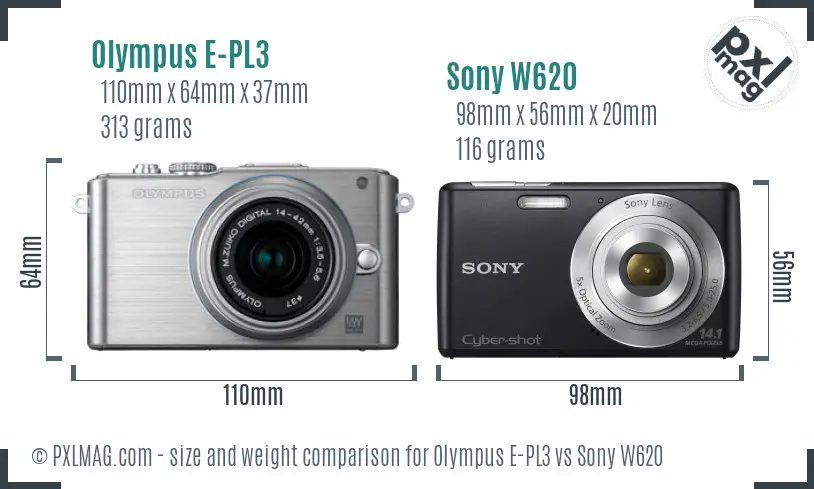 Olympus E-PL3 vs Sony W620 size comparison Olympus E-PL3 vs Sony W620 size comparison