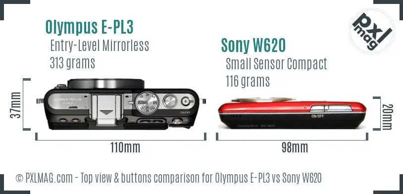 Olympus E-PL3 vs Sony W620 top view buttons comparison Olympus E-PL3 vs Sony W620 top view buttons comparison
