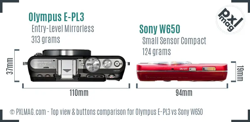 Olympus E-PL3 vs Sony W650 top view buttons comparison Olympus E-PL3 vs Sony W650 top view buttons comparison