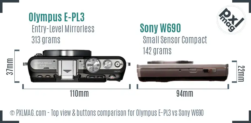 Olympus E-PL3 vs Sony W690 top view buttons comparison