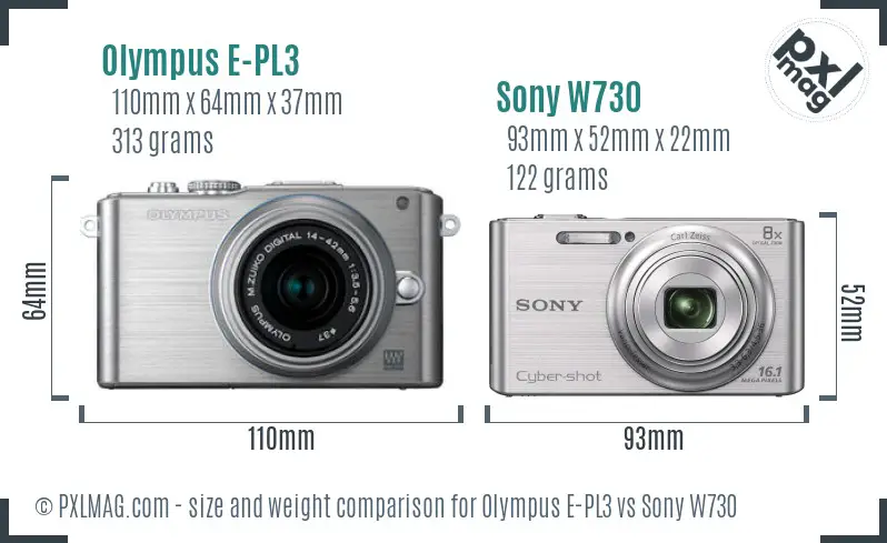 Olympus E-PL3 vs Sony W730 size comparison