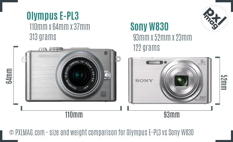 Olympus E-PL3 vs Sony W830 size comparison