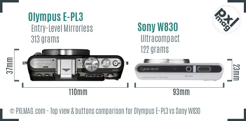 Olympus E-PL3 vs Sony W830 top view buttons comparison