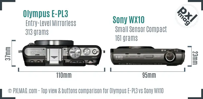Olympus E-PL3 vs Sony WX10 top view buttons comparison