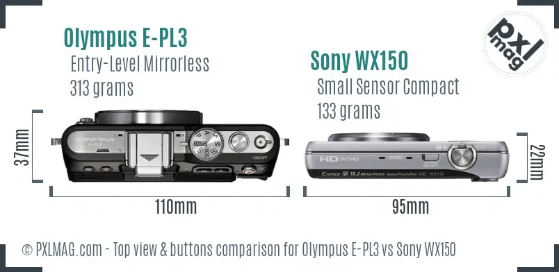 Olympus E-PL3 vs Sony WX150 top view buttons comparison Olympus E-PL3 vs Sony WX150 top view buttons comparison