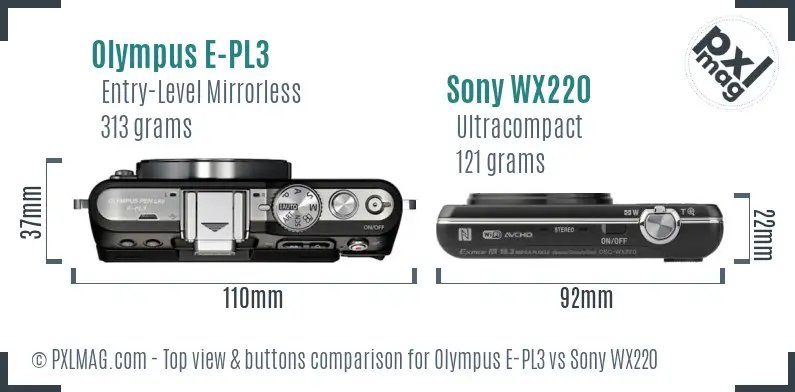 Olympus E-PL3 vs Sony WX220 top view buttons comparison
