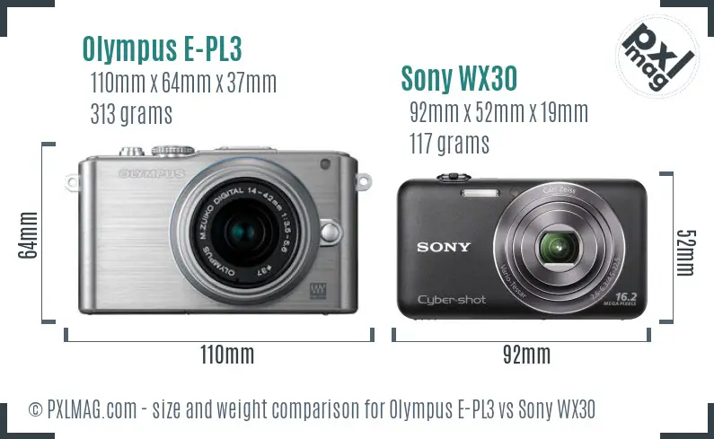 Olympus E-PL3 vs Sony WX30 size comparison