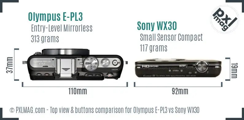 Olympus E-PL3 vs Sony WX30 top view buttons comparison