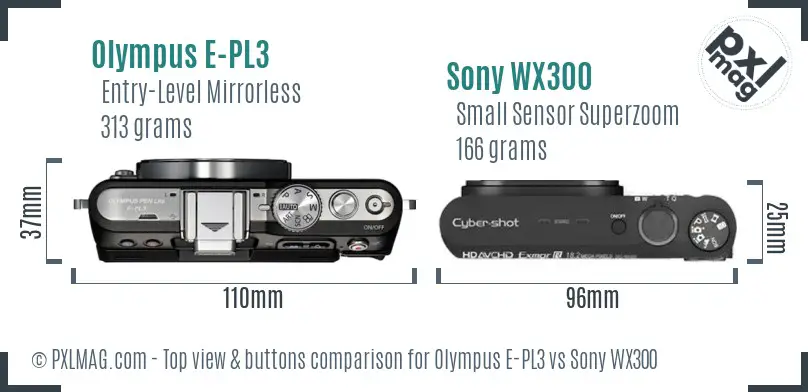 Olympus E-PL3 vs Sony WX300 top view buttons comparison Olympus E-PL3 vs Sony WX300 top view buttons comparison