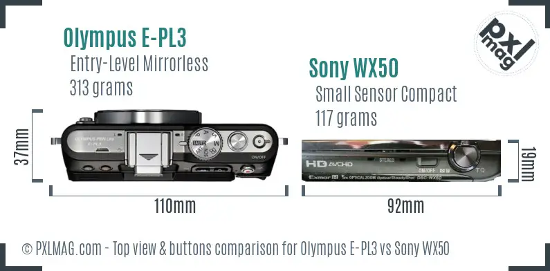 Olympus E-PL3 vs Sony WX50 top view buttons comparison