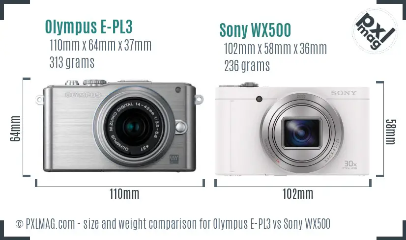 Olympus E-PL3 vs Sony WX500 size comparison Olympus E-PL3 vs Sony WX500 size comparison