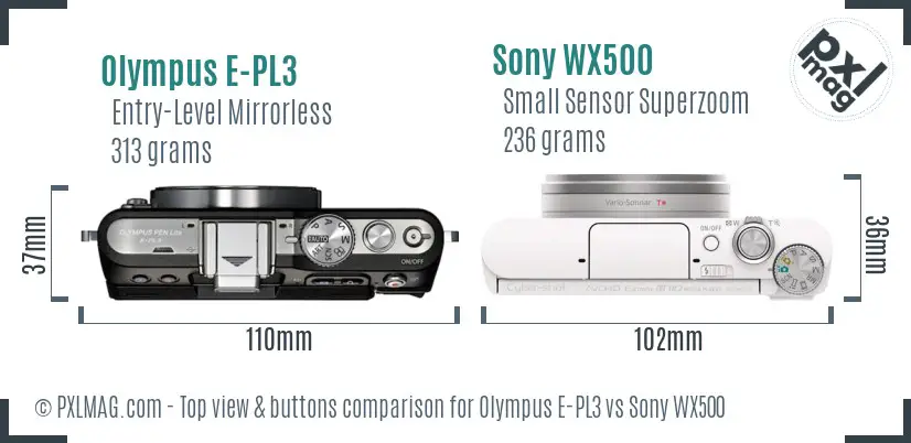 Olympus E-PL3 vs Sony WX500 top view buttons comparison Olympus E-PL3 vs Sony WX500 top view buttons comparison