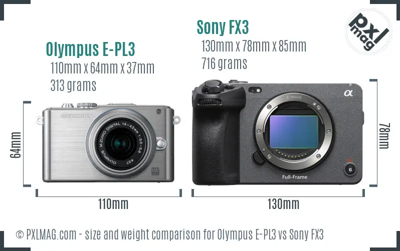 Olympus E-PL3 vs Sony FX3 size comparison
