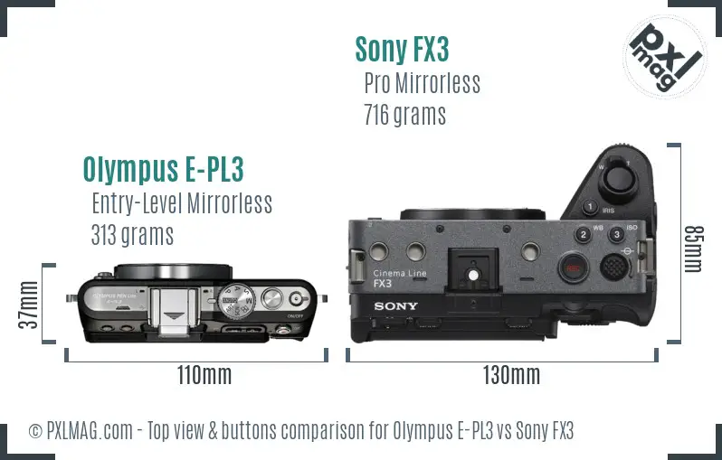 Olympus E-PL3 vs Sony FX3 top view buttons comparison