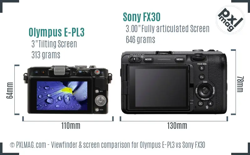 Olympus E-PL3 vs Sony FX30 Screen and Viewfinder comparison Olympus E-PL3 vs Sony FX30 Screen and Viewfinder comparison