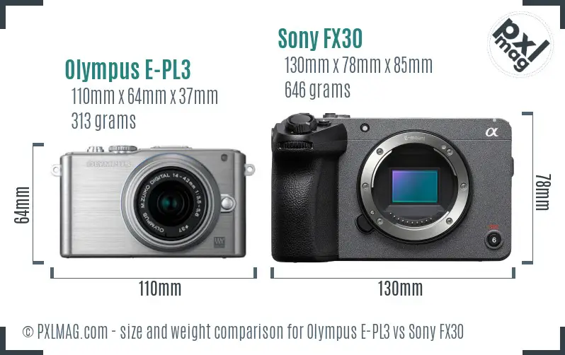 Olympus E-PL3 vs Sony FX30 size comparison Olympus E-PL3 vs Sony FX30 size comparison