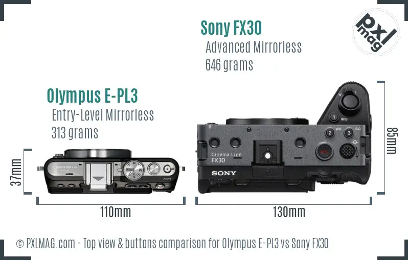 Olympus E-PL3 vs Sony FX30 top view buttons comparison Olympus E-PL3 vs Sony FX30 top view buttons comparison