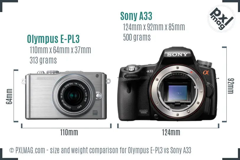 Olympus E-PL3 vs Sony A33 size comparison Olympus E-PL3 vs Sony A33 size comparison